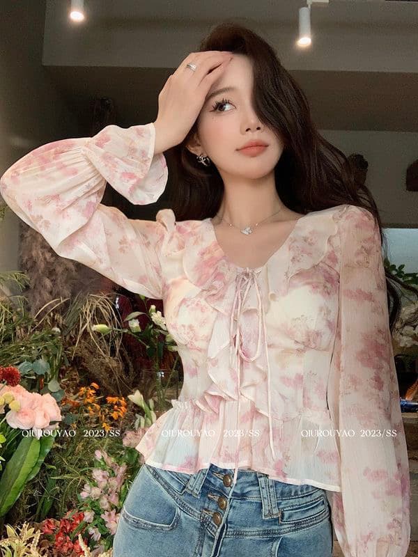 프랑스식 품격 달콤함 꽃무늬 여성 셔츠 봄 여름 새로운 순수한 욕망 바람 섹시함 마이크로 ~을 통해 긴팔 V넥 쉬폰 블라우스 트렌디 상세 이미지 6