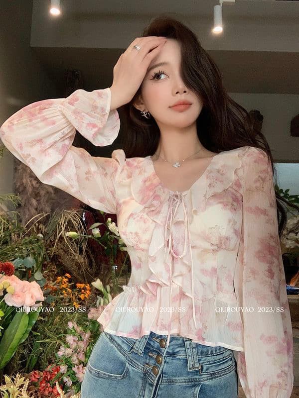 프랑스식 품격 달콤함 꽃무늬 여성 셔츠 봄 여름 새로운 순수한 욕망 바람 섹시함 마이크로 ~을 통해 긴팔 V넥 쉬폰 블라우스 트렌디
