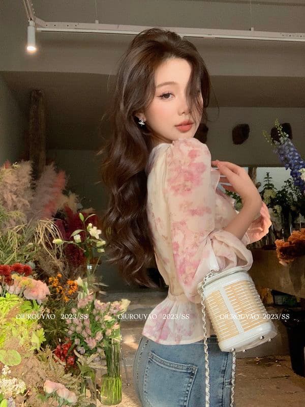프랑스식 품격 달콤함 꽃무늬 여성 셔츠 봄 여름 새로운 순수한 욕망 바람 섹시함 마이크로 ~을 통해 긴팔 V넥 쉬폰 블라우스 트렌디 이미지 3