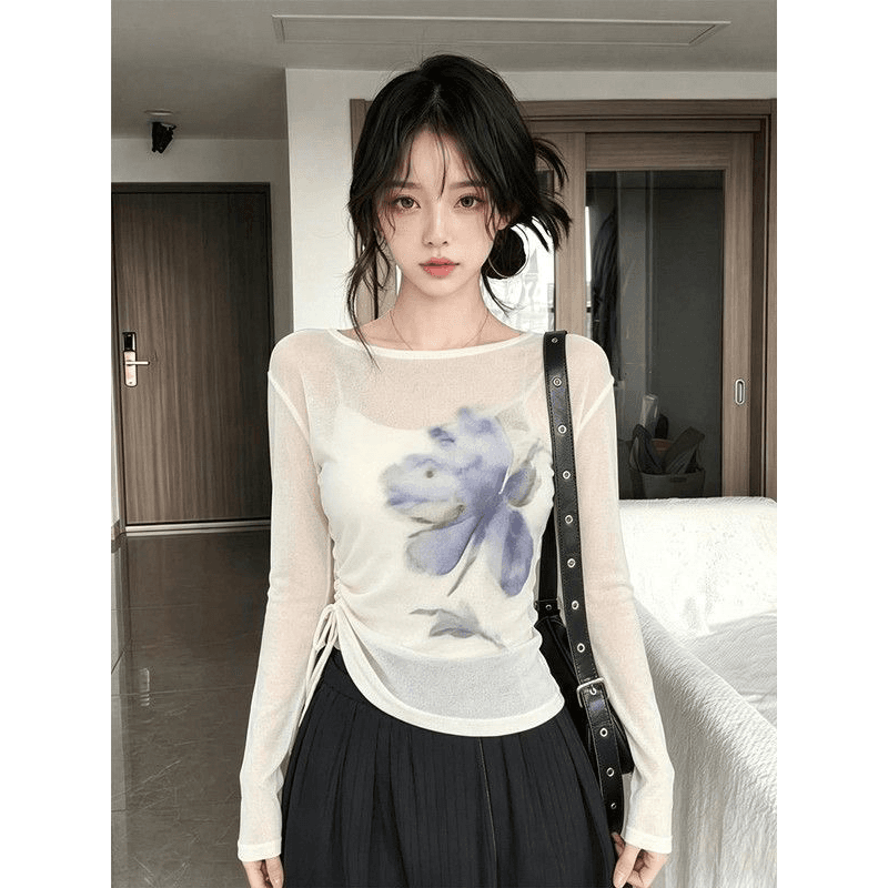 슈퍼 잘 생긴 프린트 화이트 긴팔 티셔츠 자외선 차단 블라우스 여성 여름 새로운 디자인 스트랩 허리 수축 슬림해 보이는 맨위 이미지 5