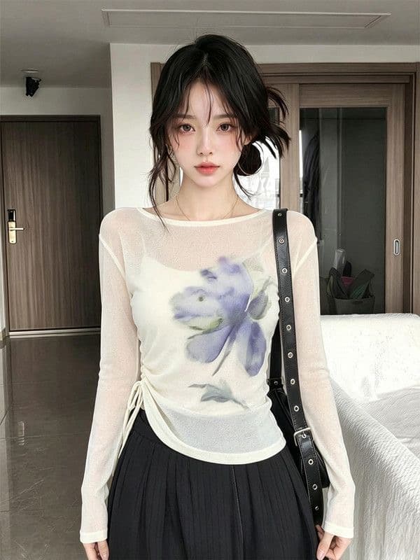 슈퍼 잘 생긴 프린트 화이트 긴팔 티셔츠 자외선 차단 블라우스 여성 여름 새로운 디자인 스트랩 허리 수축 슬림해 보이는 맨위 상세 이미지 3