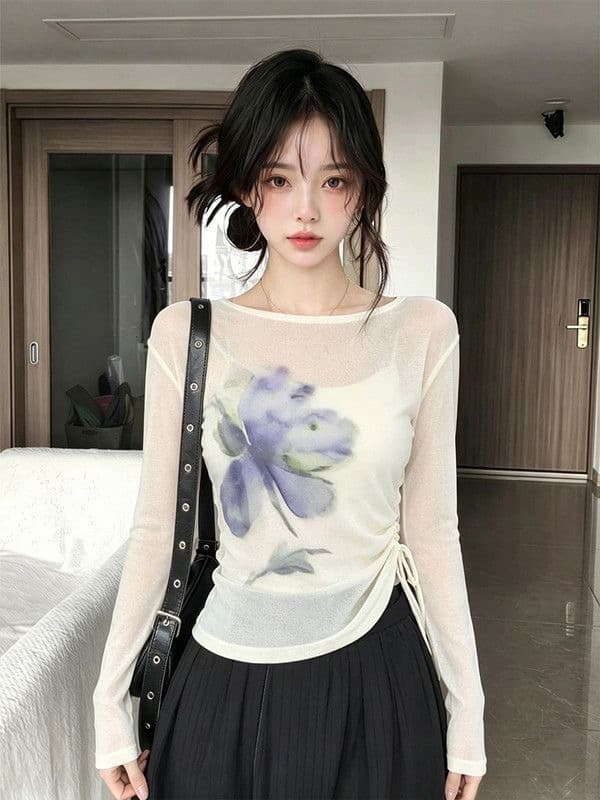 슈퍼 잘 생긴 프린트 화이트 긴팔 티셔츠 자외선 차단 블라우스 여성 여름 새로운 디자인 스트랩 허리 수축 슬림해 보이는 맨위 상세 이미지 4