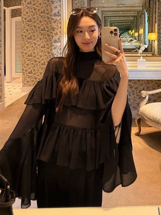 2026 검정색 스탠드 칼라 얇고 가벼운 디자인 센스 셔츠 긴팔 시스루 계층의 감각 패션 슬림해 보이는 맨위 빛 쉬폰 블라우스 이미지 2