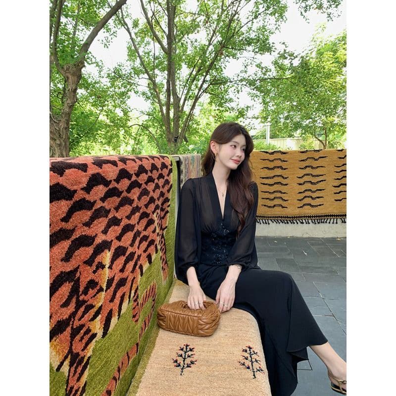 2026 봄 여름 프랑스식 레이스 꽃 둘 색상 셔츠 여성 여름 벌룬 소매 허리 수축 V넥 맨위 상세 이미지 2