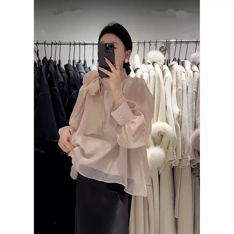 핑크색 달콤함 나비 매듭 스트랩 쉬폰 여성 셔츠 봄 가을 빛 요리 한 바람 아름다운 ~ 중 작은 셔츠 루즈핏 품격 맨위 이미지 3