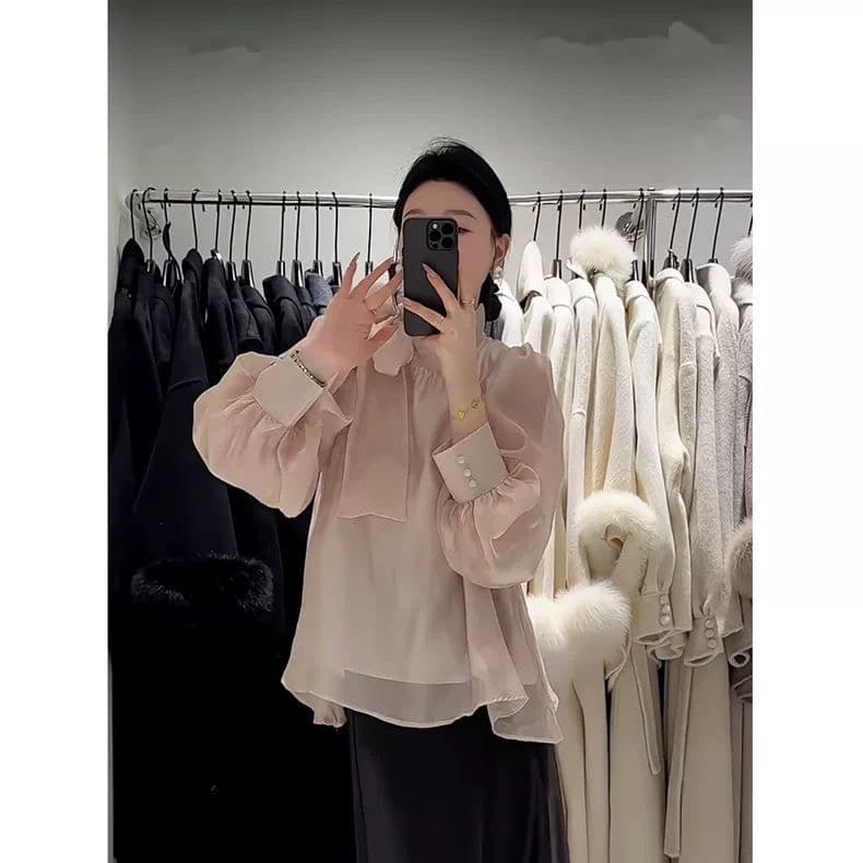 핑크색 달콤함 나비 매듭 스트랩 쉬폰 여성 셔츠 봄 가을 빛 요리 한 바람 아름다운 ~ 중 작은 셔츠 루즈핏 품격 맨위 상세 이미지 2