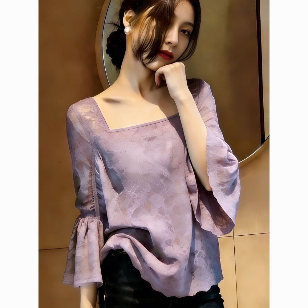 2026 가을 새로운 광장 칼라 패치워크 디자인 7부 소매 유럽 상품 고급 맞춤 지성 보라색 빅 사이즈 맨위 여성 상세 이미지 1