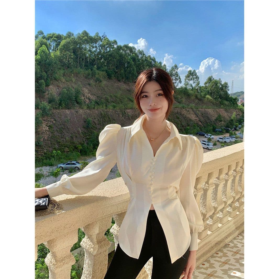 셔츠 여성 의류 디자인 센스 작은 대중 거품 소매 트임 긴팔 셔츠 2023 봄 새로운 프랑스식 레트로 맨위 이미지 2