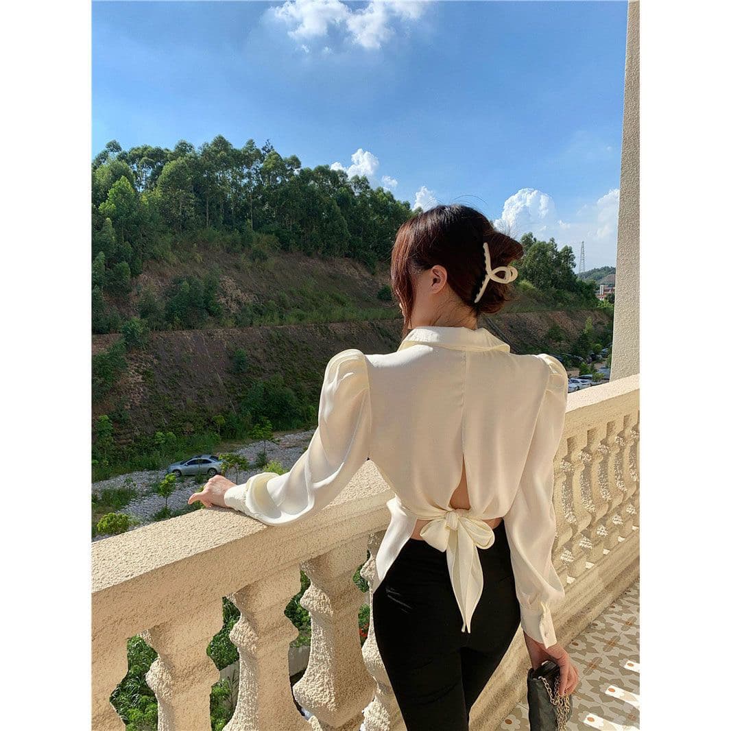 셔츠 여성 의류 디자인 센스 작은 대중 거품 소매 트임 긴팔 셔츠 2023 봄 새로운 프랑스식 레트로 맨위 이미지 3