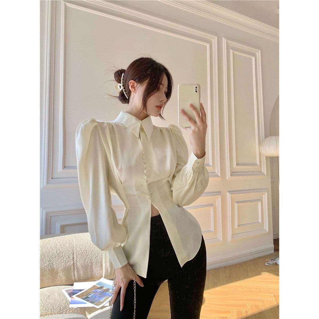 셔츠 여성 의류 디자인 센스 작은 대중 거품 소매 트임 긴팔 셔츠 2023 봄 새로운 프랑스식 레트로 맨위 상세 이미지 1