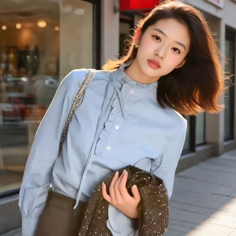 프랑스식 고급 센스 레이스 칼라 긴팔 파란색 여성 셔츠 가을과 겨울 외국 가스 연령 감소 다용도 기본 셔츠 맨위 이미지 2