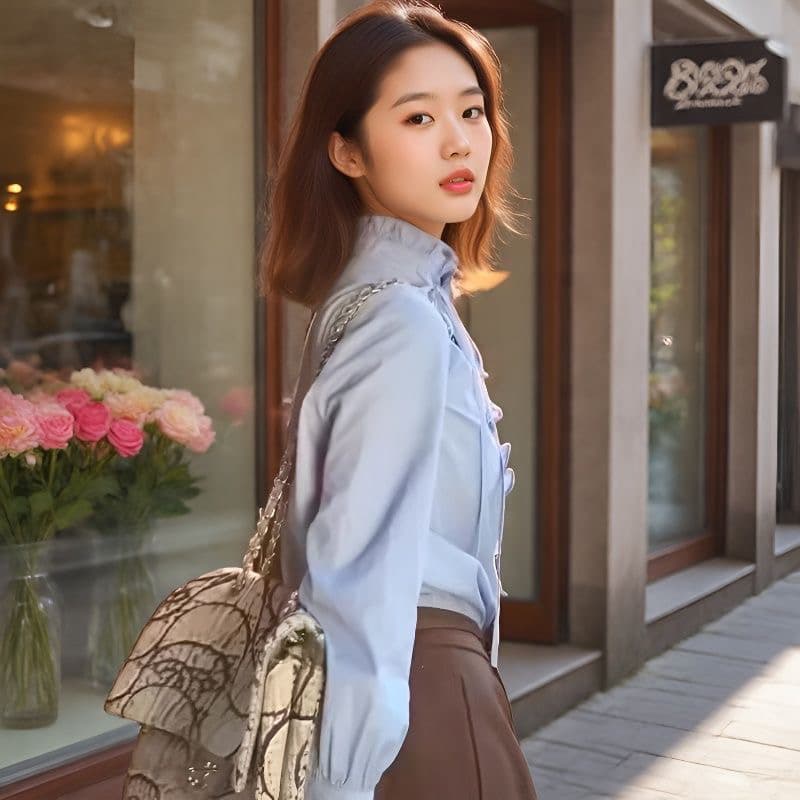 프랑스식 고급 센스 레이스 칼라 긴팔 파란색 여성 셔츠 가을과 겨울 외국 가스 연령 감소 다용도 기본 셔츠 맨위 이미지 3