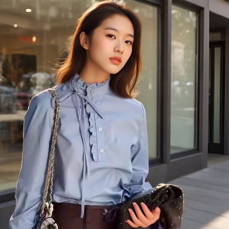 프랑스식 고급 센스 레이스 칼라 긴팔 파란색 여성 셔츠 가을과 겨울 외국 가스 연령 감소 다용도 기본 셔츠 맨위 상세 이미지 1