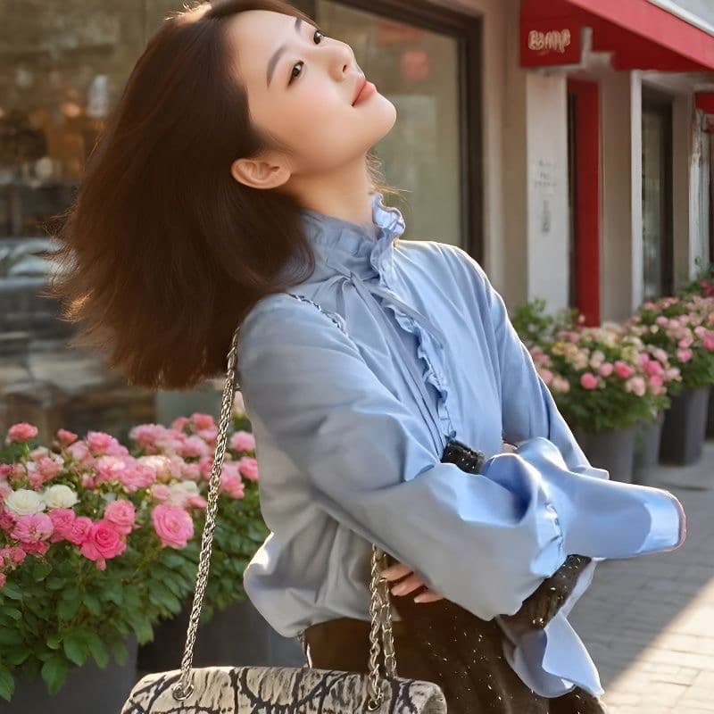 프랑스식 고급 센스 레이스 칼라 긴팔 파란색 여성 셔츠 가을과 겨울 외국 가스 연령 감소 다용도 기본 셔츠 맨위 상세 이미지 4