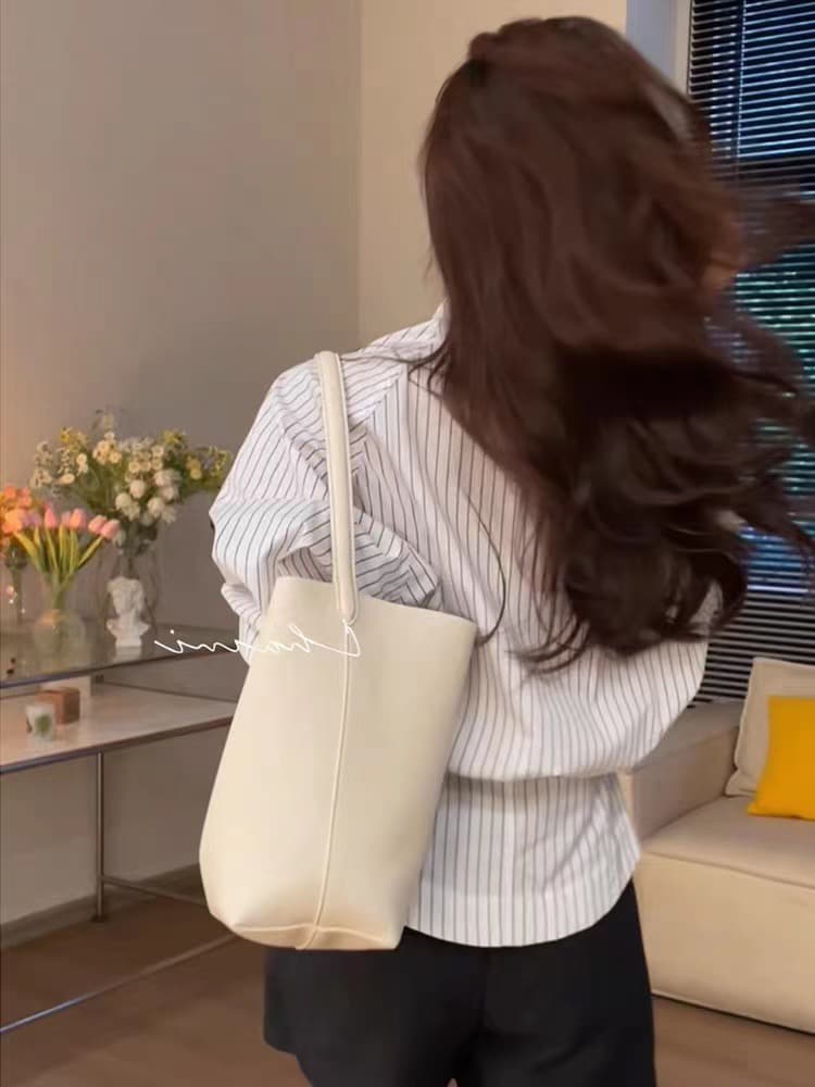 항구 바람 chic 스트라이프 POLO 칼라 여성 셔츠 이른 가을 새로운 허리 수축 주름 긴팔 셔츠 Chic 트임 맨위 이미지 3