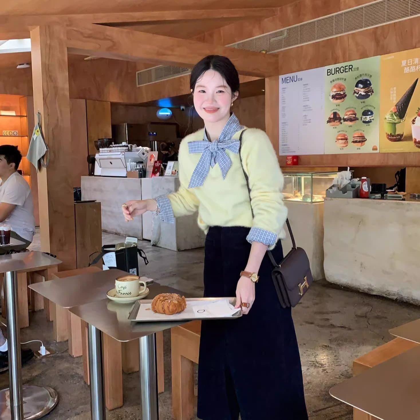 한국 스타일 나비 매듭 스트랩 파란색 격자 무늬 셔츠 레이스업 맨위 여성 긴 소매 가을 겨울 만나는 셔츠 외출용 고급 상세 이미지 5