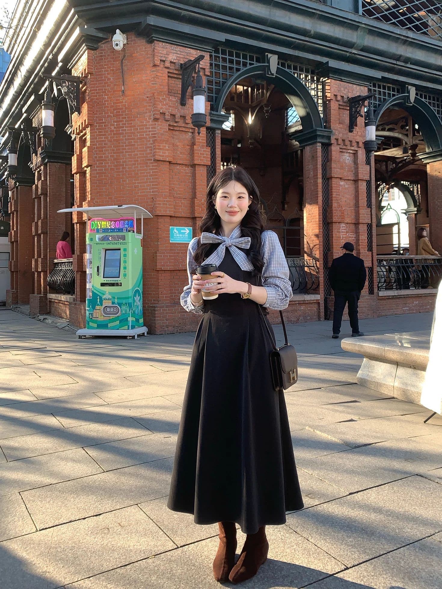 한국 스타일 나비 매듭 스트랩 파란색 격자 무늬 셔츠 레이스업 맨위 여성 긴 소매 가을 겨울 만나는 셔츠 외출용 고급 상세 이미지 6