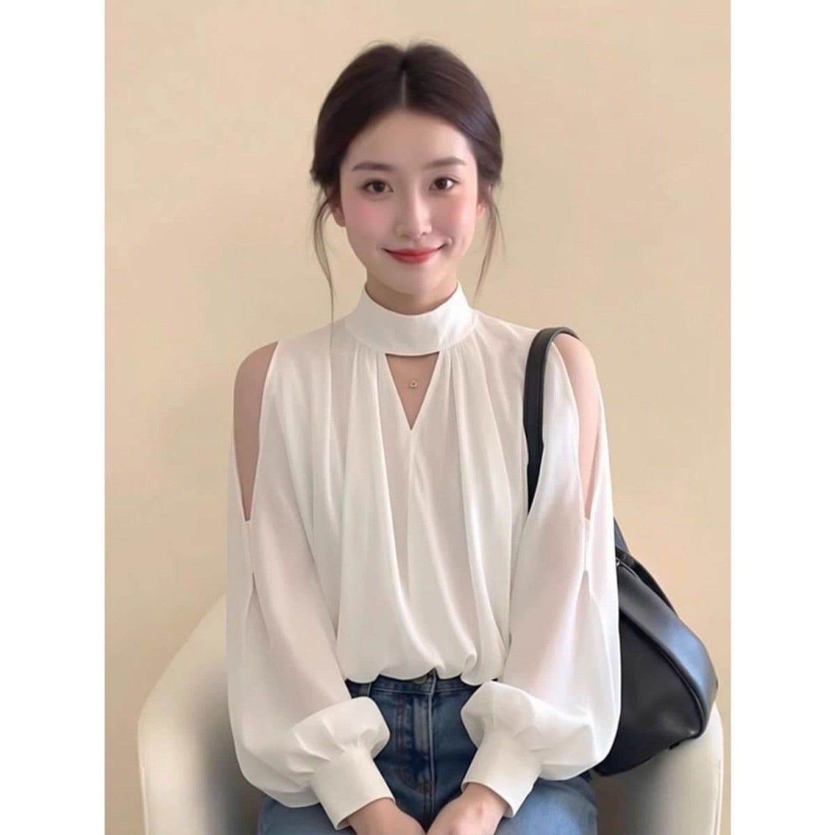 프랑스식 품격 반하이넥 작은 정사각형 긴팔 여성 셔츠 봄 가을 루즈핏 디자인 센스 작은 대중 Chic 오프숄더 맨위 이미지 2
