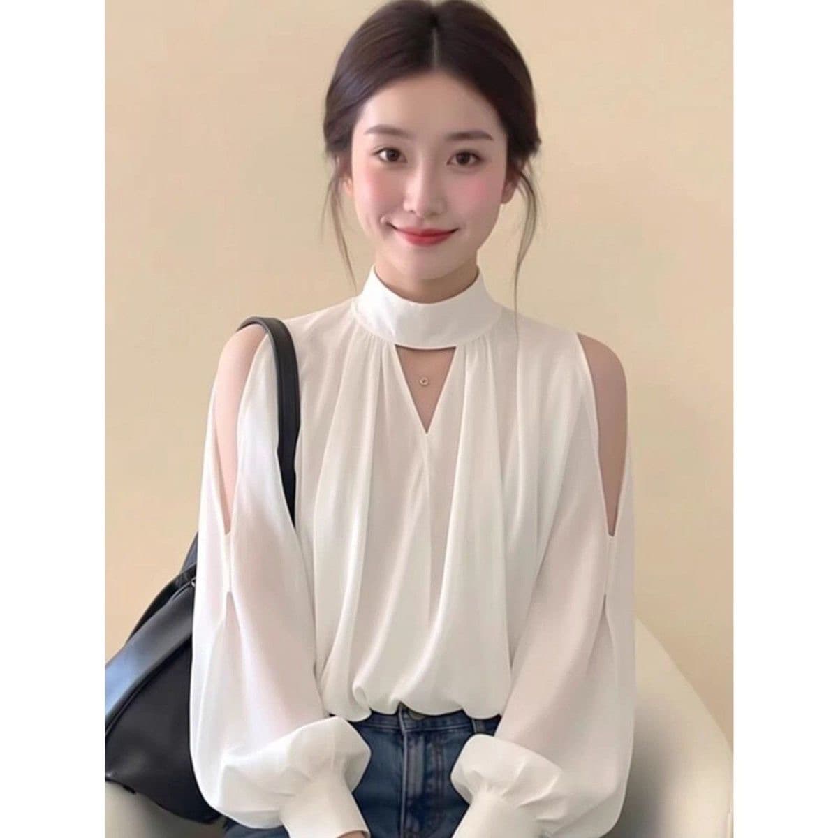 프랑스식 품격 반하이넥 작은 정사각형 긴팔 여성 셔츠 봄 가을 루즈핏 디자인 센스 작은 대중 Chic 오프숄더 맨위 이미지 3