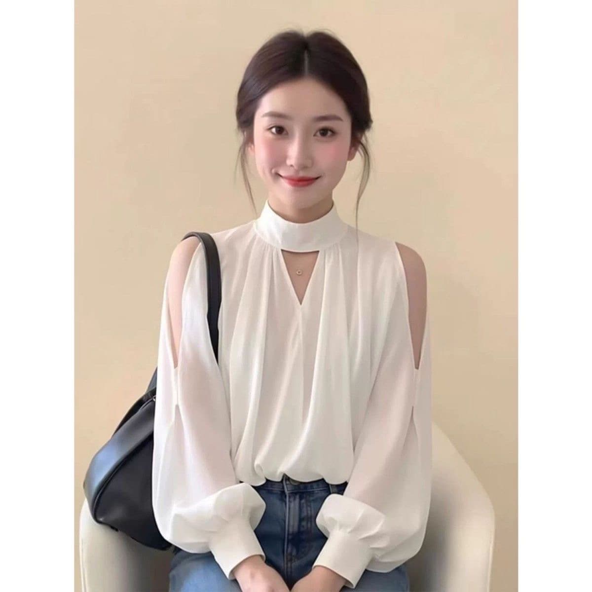 프랑스식 품격 반하이넥 작은 정사각형 긴팔 여성 셔츠 봄 가을 루즈핏 디자인 센스 작은 대중 Chic 오프숄더 맨위 상세 이미지 1