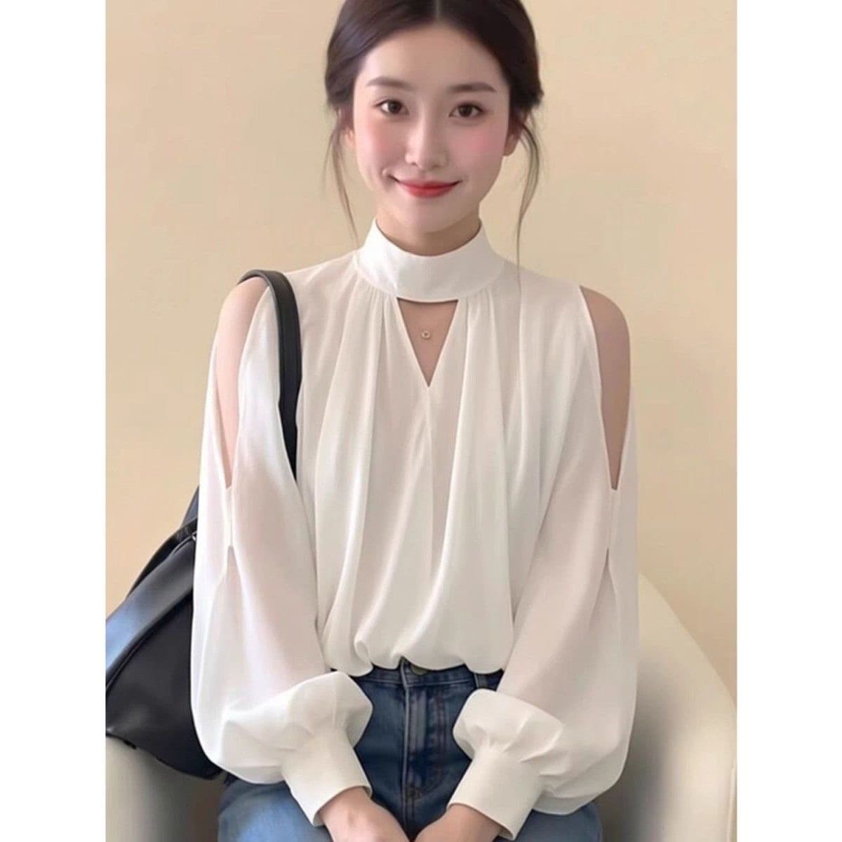 프랑스식 품격 반하이넥 작은 정사각형 긴팔 여성 셔츠 봄 가을 루즈핏 디자인 센스 작은 대중 Chic 오프숄더 맨위 상세 이미지 4
