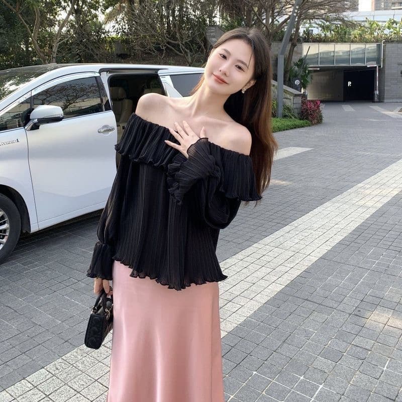 순수한 욕망 바람 보트넥 오프숄더 얇은 스타일 긴팔 맨위 여성 디자인 센스 프릴 루즈핏 표지 고기 다용도 쉬폰 블라우스 상세 이미지 4