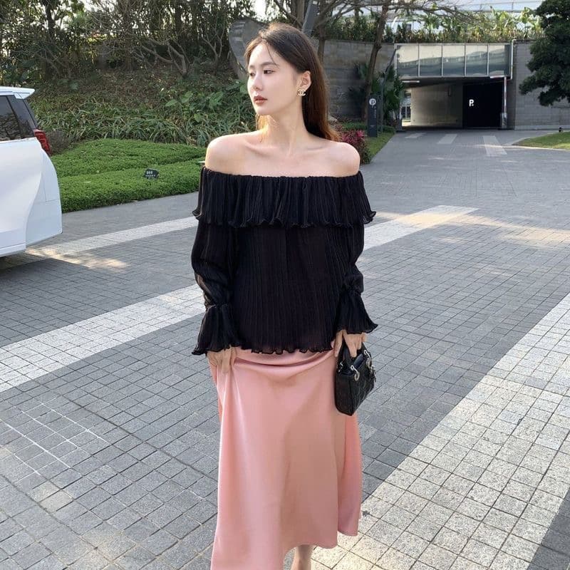 순수한 욕망 바람 보트넥 오프숄더 얇은 스타일 긴팔 맨위 여성 디자인 센스 프릴 루즈핏 표지 고기 다용도 쉬폰 블라우스 상세 이미지 5