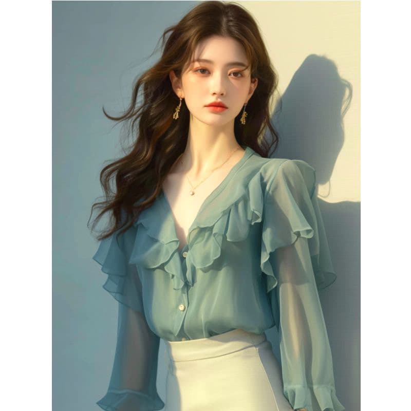 봄 여름 고유 한 Chic 고급 맨위 빛 요리 한 프랑스식 디자인 센스 작은 대중 녹색 V넥 프릴 쉬폰 셔츠