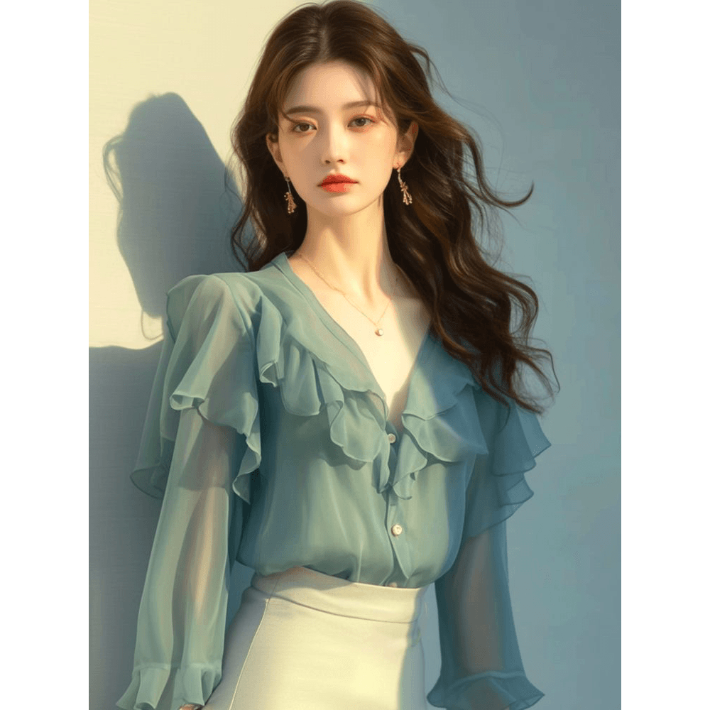 봄 여름 고유 한 Chic 고급 맨위 빛 요리 한 프랑스식 디자인 센스 작은 대중 녹색 V넥 프릴 쉬폰 셔츠 이미지 5