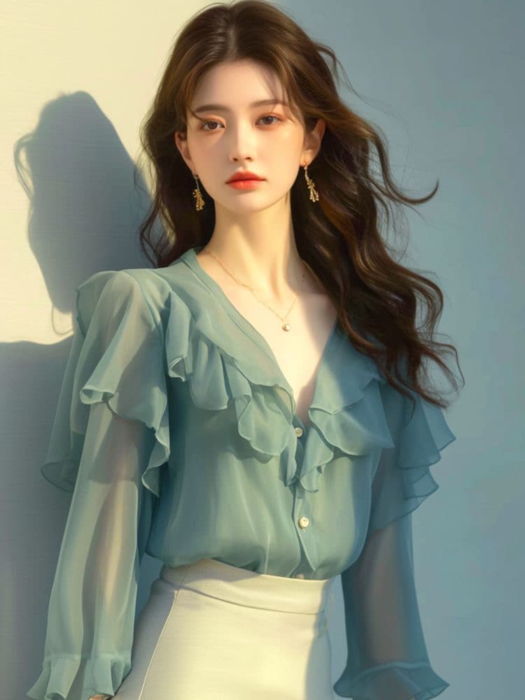 봄 여름 고유 한 Chic 고급 맨위 빛 요리 한 프랑스식 디자인 센스 작은 대중 녹색 V넥 프릴 쉬폰 셔츠 상세 이미지 5