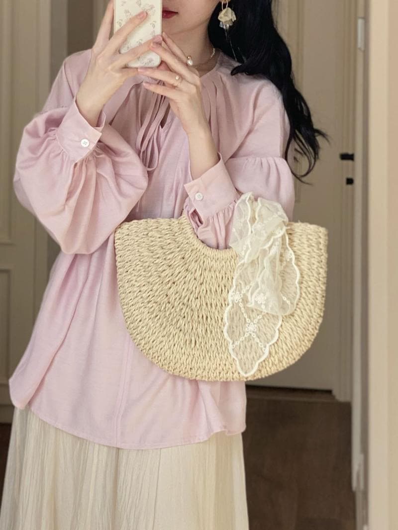 봄 여름 고유 한 Chic 고급 맨위 빛 요리 한 프랑스식 디자인 센스 작은 대중 녹색 V넥 프릴 쉬폰 셔츠 이미지 2
