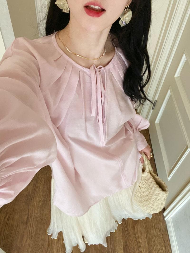 봄 여름 고유 한 Chic 고급 맨위 빛 요리 한 프랑스식 디자인 센스 작은 대중 녹색 V넥 프릴 쉬폰 셔츠 상세 이미지 3