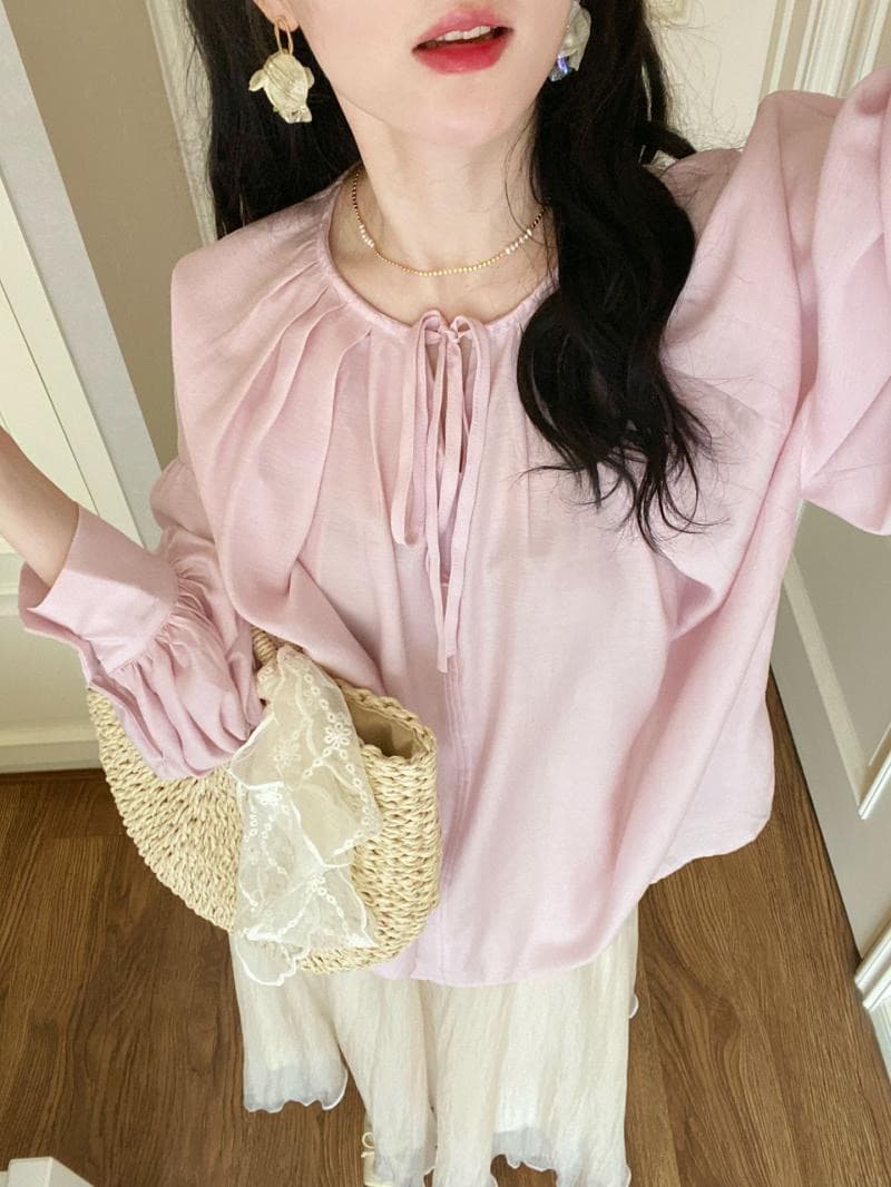 봄 여름 고유 한 Chic 고급 맨위 빛 요리 한 프랑스식 디자인 센스 작은 대중 녹색 V넥 프릴 쉬폰 셔츠 상세 이미지 5