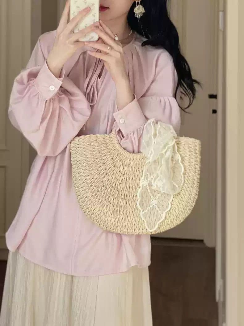 봄 여름 고유 한 Chic 고급 맨위 빛 요리 한 프랑스식 디자인 센스 작은 대중 녹색 V넥 프릴 쉬폰 셔츠 상세 이미지 7