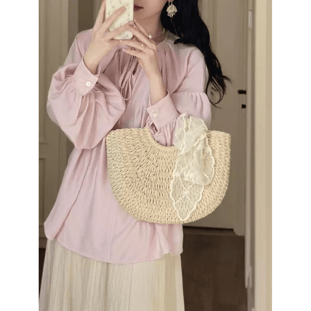 봄 여름 고유 한 Chic 고급 맨위 빛 요리 한 프랑스식 디자인 센스 작은 대중 녹색 V넥 프릴 쉬폰 셔츠 이미지 5