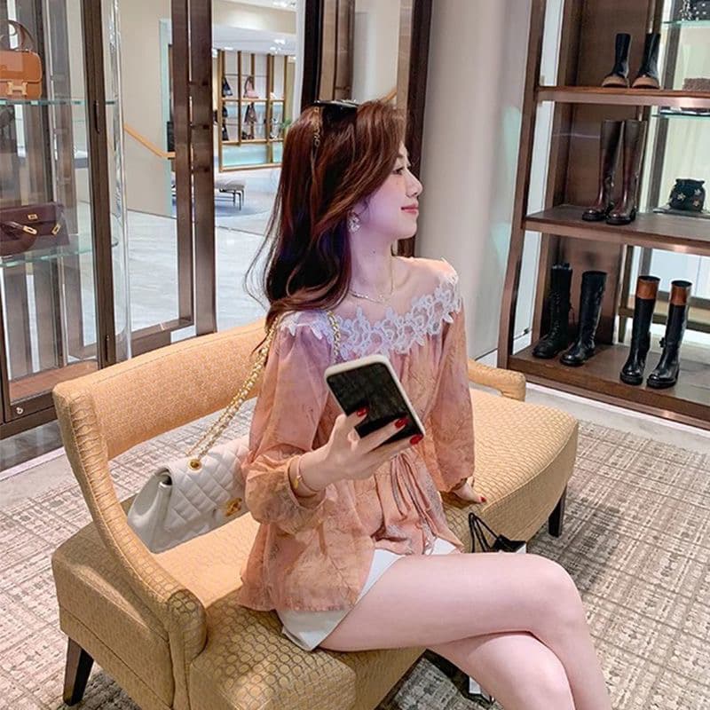 오프숄더 프린트 쉬폰 여성 셔츠 여름 새로운 고급 센스 레이스 조각 다용도 허리 수축 맨위 한 부서 품격 상세 이미지 2