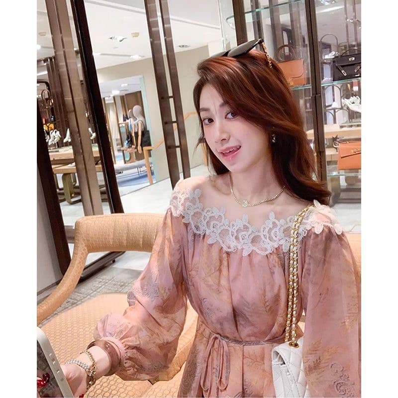 오프숄더 프린트 쉬폰 여성 셔츠 여름 새로운 고급 센스 레이스 조각 다용도 허리 수축 맨위 한 부서 품격 상세 이미지 3