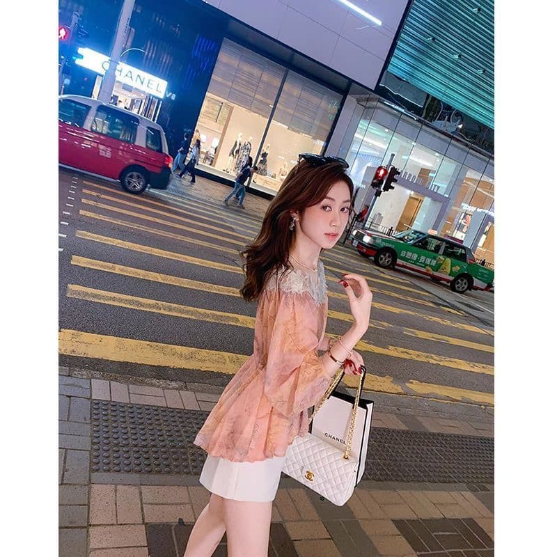 오프숄더 프린트 쉬폰 여성 셔츠 여름 새로운 고급 센스 레이스 조각 다용도 허리 수축 맨위 한 부서 품격 상세 이미지 4