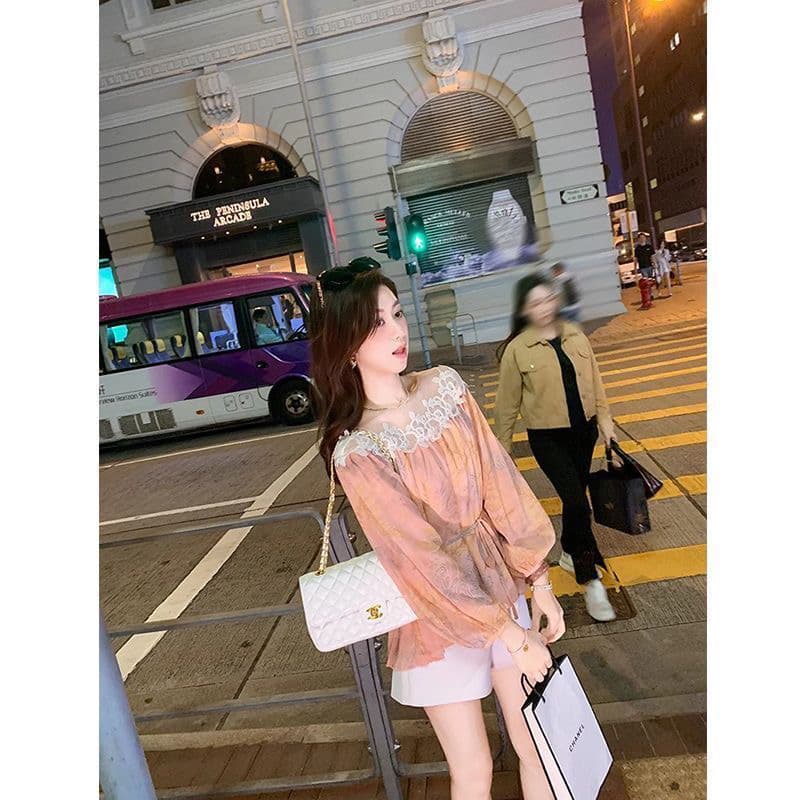 오프숄더 프린트 쉬폰 여성 셔츠 여름 새로운 고급 센스 레이스 조각 다용도 허리 수축 맨위 한 부서 품격 상세 이미지 5