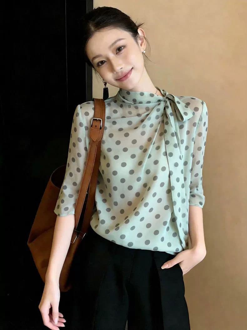 센 부서 작은 청신 문예 바람 녹색 도트 무늬 7부 소매 맨위 여성 요정 바람 루즈핏 슬림해 보이는 맨위 다용도 봄 상세 이미지 4