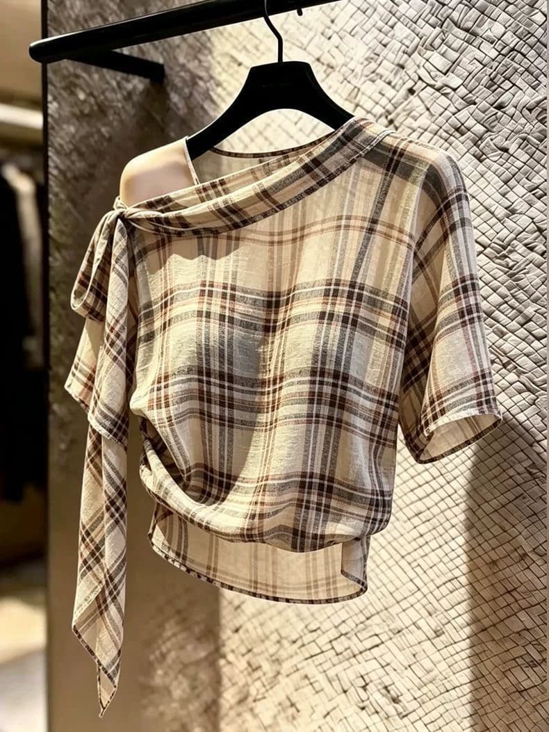 디자인 센스 우아한 체크무늬 반팔 여성 셔츠 여름 새로운 작은 대중 Chic 패션 품격 오프숄더 레이스업 맨위
