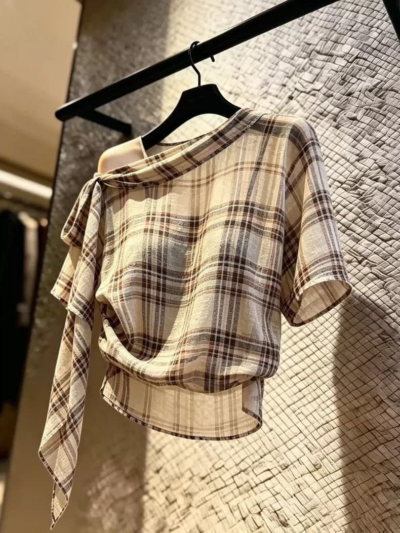 디자인 센스 우아한 체크무늬 반팔 여성 셔츠 여름 새로운 작은 대중 Chic 패션 품격 오프숄더 레이스업 맨위 이미지 3
