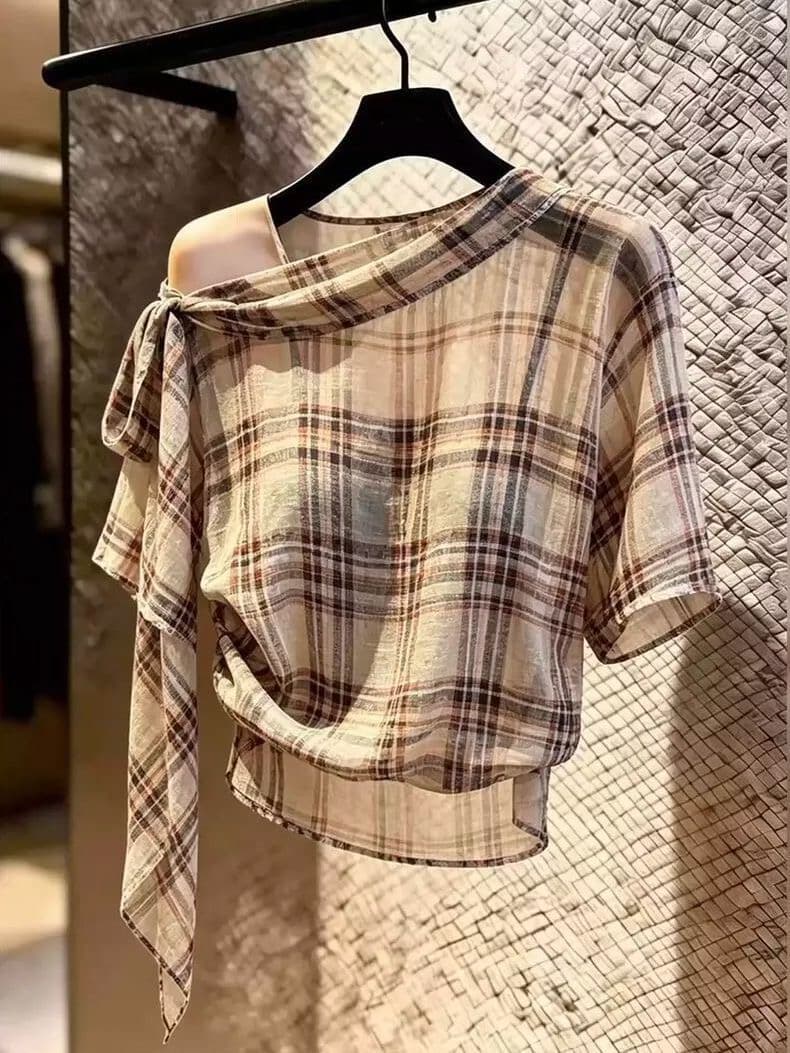 디자인 센스 우아한 체크무늬 반팔 여성 셔츠 여름 새로운 작은 대중 Chic 패션 품격 오프숄더 레이스업 맨위 상세 이미지 2