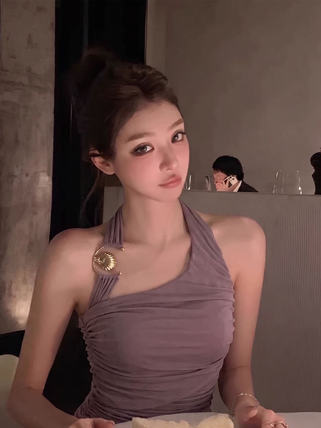 한 부서 순수한 욕망 조개 금속 버클 행침 목 보라색 조끼 여성 여름 새로운 디자인 센스 주름 민소매 맨위 트렌디 상세 이미지 4