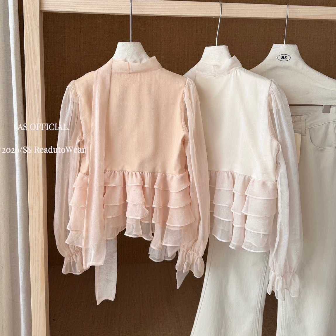 프랑스식 부드러운 바람 V넥 리본 시폰 셔츠 여성 여름 새로운 레이스 조각 나팔 소매 슬림해 보이는 요정 가스 의류 이미지 2