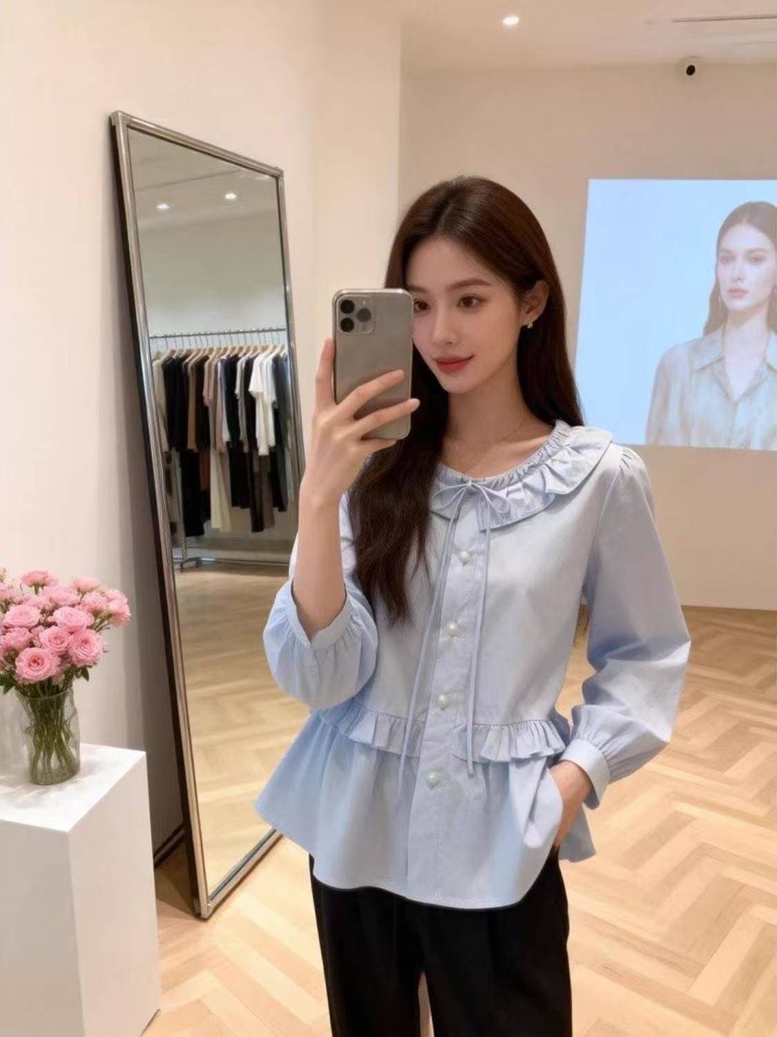 프랑스식 부드러운 바람 V넥 리본 시폰 셔츠 여성 여름 새로운 레이스 조각 나팔 소매 슬림해 보이는 요정 가스 의류 이미지 2