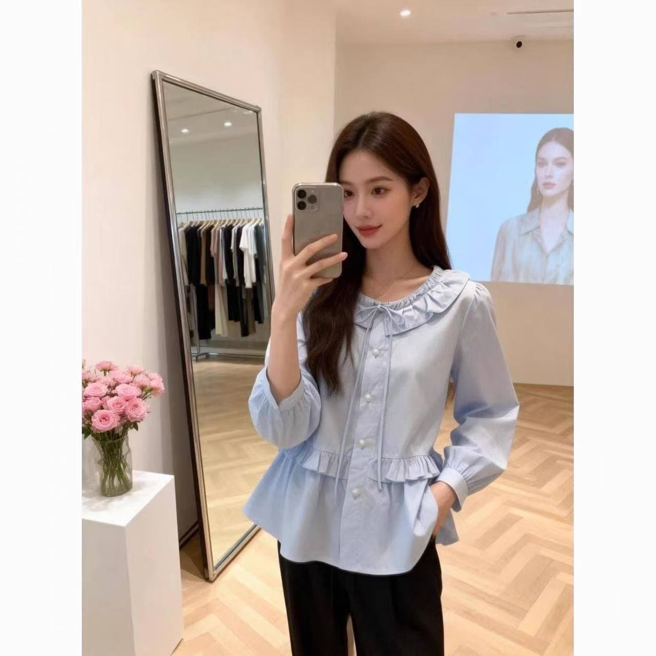 프랑스식 부드러운 바람 V넥 리본 시폰 셔츠 여성 여름 새로운 레이스 조각 나팔 소매 슬림해 보이는 요정 가스 의류 이미지 3