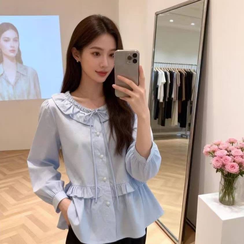 프랑스식 부드러운 바람 V넥 리본 시폰 셔츠 여성 여름 새로운 레이스 조각 나팔 소매 슬림해 보이는 요정 가스 의류 상세 이미지 4
