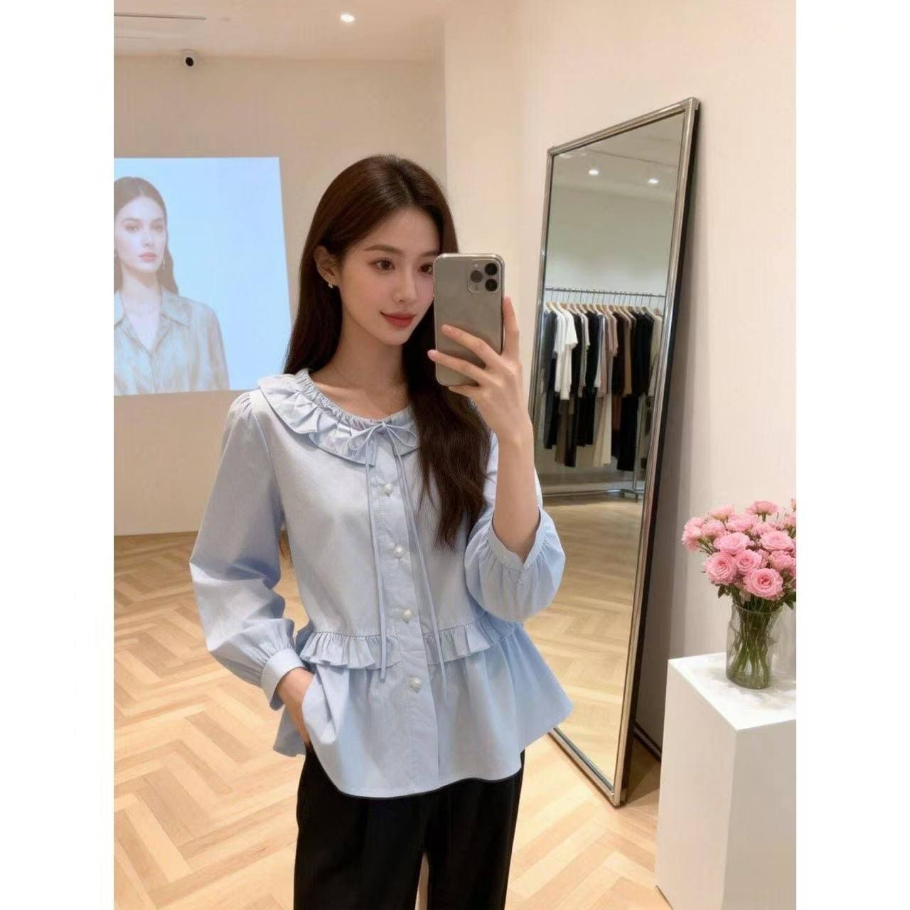 프랑스식 부드러운 바람 V넥 리본 시폰 셔츠 여성 여름 새로운 레이스 조각 나팔 소매 슬림해 보이는 요정 가스 의류 상세 이미지 5
