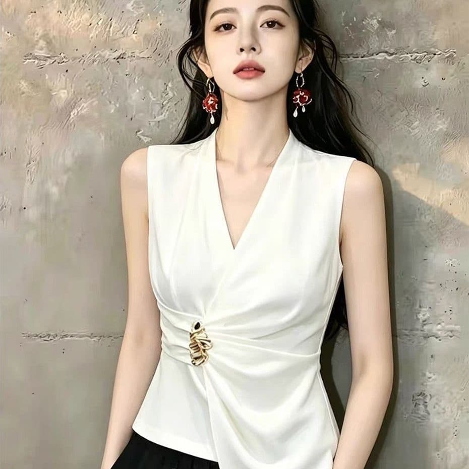 우아함 화이트 민소매 V넥 맨위 허리 주름 디자인 슬림해 보이는 출퇴근 착용 가져 가라. 싱글 제품 상세 이미지 1